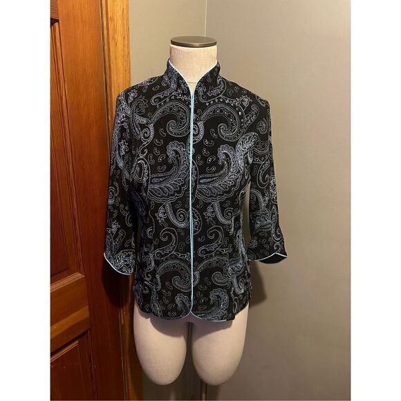 Alex Evenings Petite Women’s Stretch Shine Black Blue Paisley Cardigan Size M - Picture 1 of 11